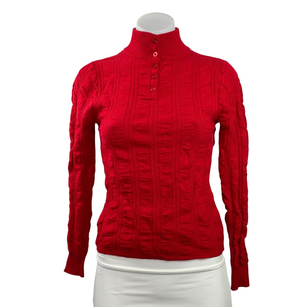 Love Field Women's Red Ribbed Knit Henley Button Turtleneck Sweater Top Size M